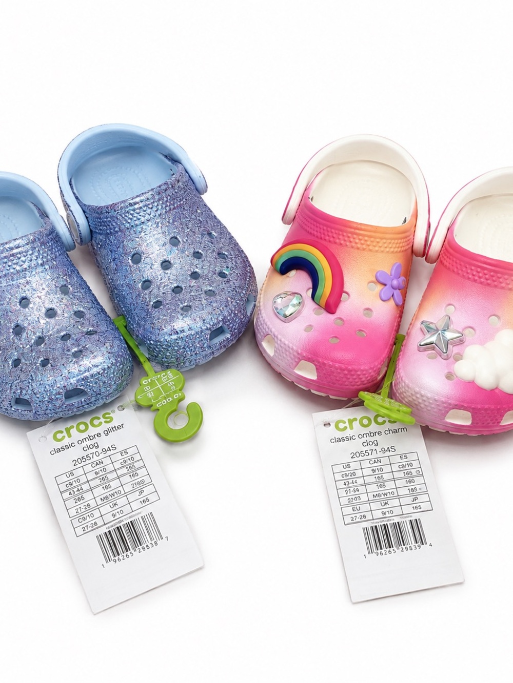 CROCS Kids Ombre Clog Pair in Pink/Peach Gradient & Purple Glitter 5c